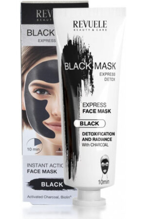 Mascarilla Black Detox Express de Revuele está formulado con partículas de carbón microactivadas que evitan eficazmente el efecto de las impurezas y las toxinas en la superficie de la piel.